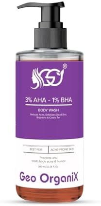AHA BHA Body Wash with 3% Lactic Acid, 1% Salicylic Acid, 1% Glycolic Acid for Dead Skin Exfoliation, Acne & Body Bumps Reduction, Skin Brightening & Tan Removal, Paraben Free, Non-Drying Formula 300ml