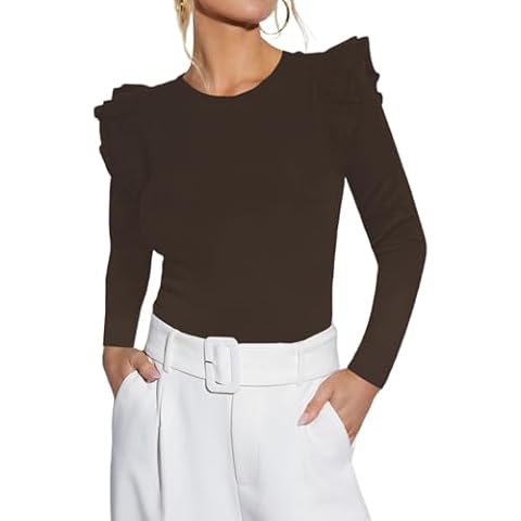 BONITEE Womens Ruffle Tops Fall Ribbed Long Sleeve Shirts Sexy Round Neck Slim Fitting Tank Blouse Trendy Casual Knit Tees Brown,S Cover