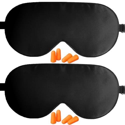 Mascherina per Dormire in 100% Seta Naturale, Maschera Occhi con Tappi per Orecchie e Fascia Regolabile, Copri Occhi per Dormire per Uomo e Donna, 2 Pcs (Nero)