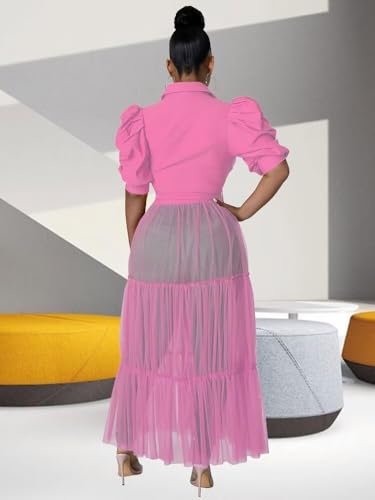 Image of Ekaliy Women's Casual Mesh See Through Shirts Long Dresses with Belt V Neck Button Down Club Party Outfit