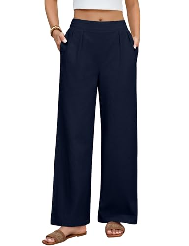 heekpek Pantalon Ete Femme Leger Coton Pantalons Elastique Haute Taille Ample Pantalon Detente avec Poches, Bleu Marine, XXL
