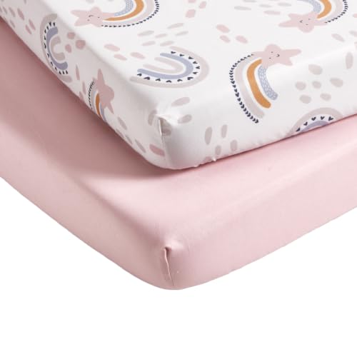 Image of TILLYOU Mini Crib Fitted Sheets - Soft Knit Sheet for Pack N Play, Microfiber Mini Crib Sheets, 38 x 24 Playpen Bedding Sheet for Baby 2 Pack, Machine Washable, Rainbow Star