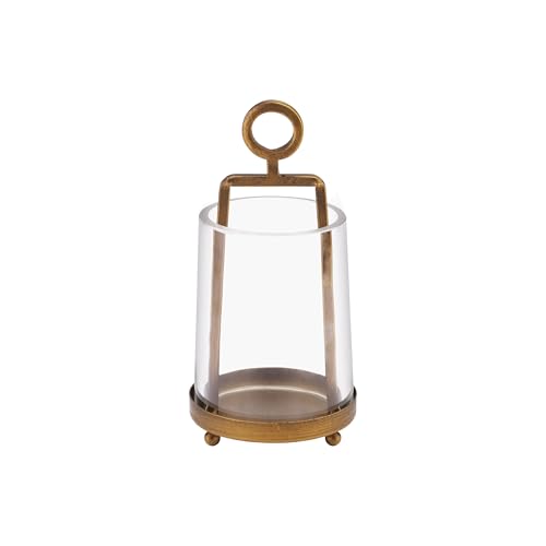 3'3" Wide Modern Metal Hurricane Lantern with Handmade Sturdy Glass Sleeve in Brass for Tealight Candle & Plants, Farmhouse Hurricane Industrial, Minimalistic, Shabby Chic (1, Brass, 3.3"x5.2")