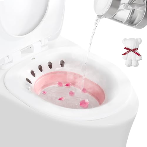 DEANIC Foldable Sitz Bath for Toilet Hemorrhoids Treatment and Post Partum Care, Yoni Steam Bath Seat for Pregnant Women, Bidet Bowl with 1 Towel (Pink)