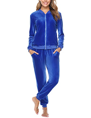 Totatuit 2 Piece Velour Tracksuit Women Casual Solid Sets Long Sleeve Zip Up Velvet Sweatshirt Sweatpants Matching Set Sport Outfits Jogger Set Blue Medium