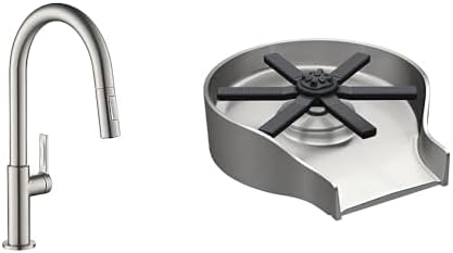 Kraus Oletto Single Handle Pull Down Kitchen Faucet in Spot Free Stainless Steel, KPF-2820SFS + KRAUS CleanMate Glass Rinser for Kitchen Sink in Spot-Free Stainless Steel, KGR-500SFS