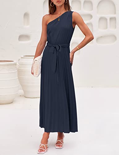 Merokeety Womens Sleeveless One Shoulder Pleated Belted Elastic High Waist Formal Midi Maxi Dress,Navy,S #TOP1