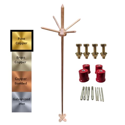 Image of Lighting Arrester for Home and Building Protection - Advanced Surge Protection - 5 Spikes | Pure Copper | 12 mm Dia | 1101 mm / 43 in Length | Base Plate 8.5x8.5 cm