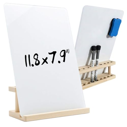 iNenya Glass White Board with Stand,Magnetic Mini Dry Erase Board for Desk,Small Desktop Whiteboard with Solid Wood Bracket