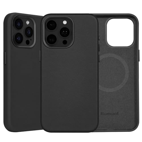 Rumwot for iPhone 15 Pro Leather Case | Genuine Full Grain Leather| Compatible with MagSafe and Wireless Charging | Metal Buttons Camera Bezel | Slim Fit-Drop and Scratch Resistant(Black)