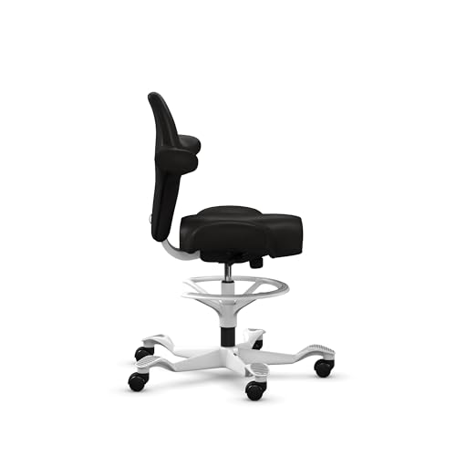 Image of HAG Capisco Sit to Stand Chair-White Frame-Upholstered Black Onyx Vinyl-with Foot Ring