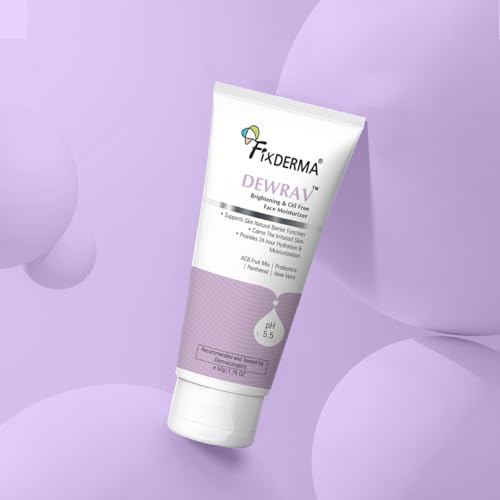 Image of Fixderma Dewrav Brightening & Oil-Free Face Moisturizer with Panthenol & ACB Fruit Mix | 24-Hour Hydration | Dermatologist Recommended for Women & Men - 50g