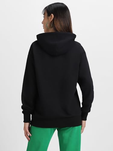 Image of JUNEBERRY Cotton Poly Fleece Oversized Fit Black, Green, Magenta, Mustard, Orange, Purple, Blue, Off White & Grey Graphic Printed Full Sleeve Hoodie for Women