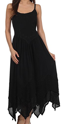 Image of Sakkas Rayon Embroidered Stonewashed Adjustable Spaghetti Straps Long Dress