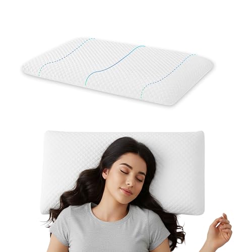 Image of Memory Foam Pillow, Ultra Slim White Geometric Design for Spinal Health, Breathable Jacquard Bedding with Zipper, Orthopedic Support for Stomach and Back Sleeper Unit,55 x 40 x 5 cm