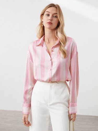 Image of IndoPrimo Women's Satin Shirt with Long Sleeves Western Style Spread Collar Neck Relaxed Fit Stripe Printed Pattern and Standard Length