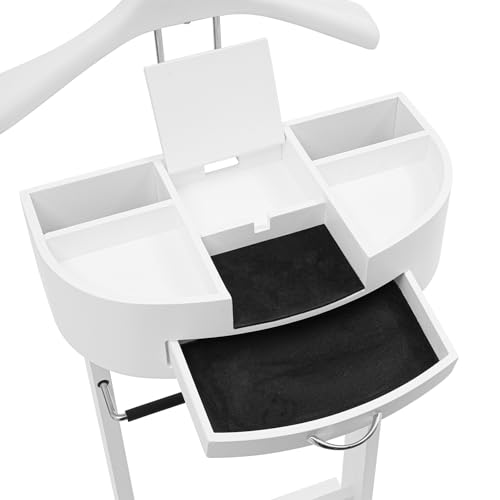 QUEMARQUE Clothes Valet Stand, Wood Valet Stand Suit Rack Stand With Drawer For Men/Women, Contour Hanger, Trouser Bar, Belt Hooks Shoe Rack, Freestanding Valet Stand (White) - Thumbnail 4