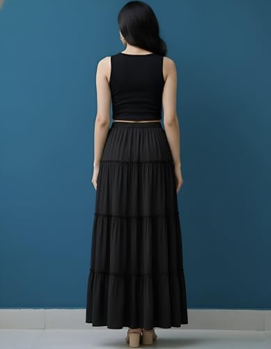 Image of Women's Rayon Full Length Maxi Skirt | Solid Black & White Regular Fit Skirt with Elasticated Waistband and Drawstring