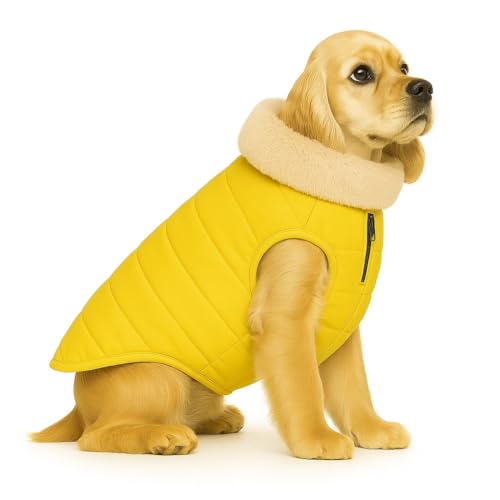 Image of The Pets Company Dog Winter Coat Jacket, Clothes, Windproof, Waterproof, Light Weight, Washable, Ultra Warm Thick Fleece Lined Dog Vest for Cold Weather Protection, (Yellow, Medium - 18 Inch)