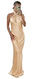 Bolodoo Halter Bridesmaid Dresses for Women Long Champagne Ruched Mermaid Satin Formal Evening Gown Size 6