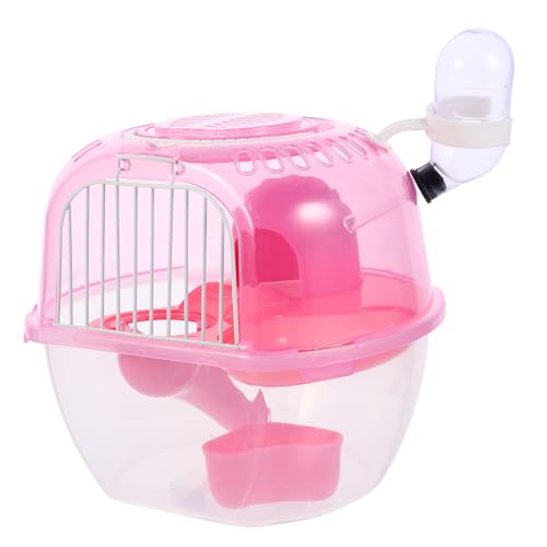 BELLIFFY Small Pet Carrier Cage Double-Layer Portable House with Handle for Hamsters, Rats, Hedgehogs – Outdoor Cage with Wood Chip Splash Guard in Pink Apple