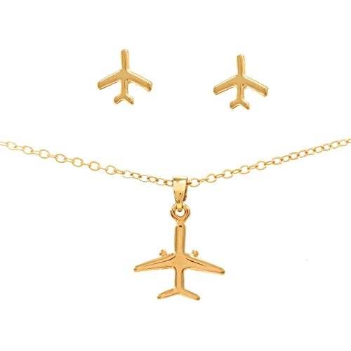 Jewelry Set - Airplane Necklace and Earrings - Premium Quality Gold Plate - Tutti Jewelry