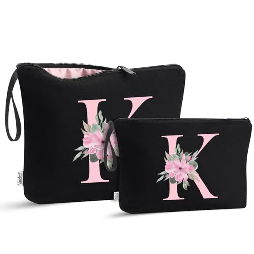 Image of Vavabox A-Z Personalized Makeup Bag, Birthday Gifts for Women Mom, Gifts for Best Friend, Bride Bridesmaid Cosmetic bag (K, 04-Black Set)