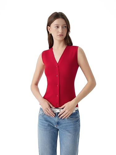 Image of SUUKSESS Women Sleeveless Sweater Tops Summer V Neck Button Down Vest Tops Business Casual Work Shirts