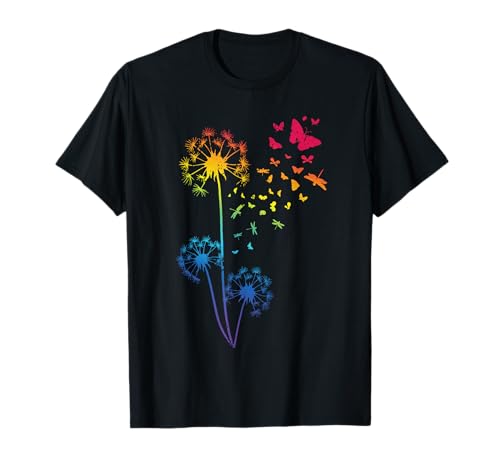 Pusteblume Regenbogen Libelle Breathe Blume Schmetterling T-Shirt