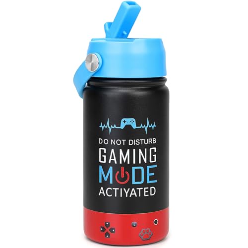 Image of Kids Insulated Water Bottle with Straw Lid, 14oz Double Wall Vacuum Stainless Steel Tumbler, Leak Proof Reusable Metal School Cup for Boys Girls, Keep Cold 24H Hot 12H (Blue-Red-A)