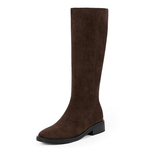 Modatope Women's Knee-High Boots Brown Round Toe Flat Heel Side Zipper Fall Knee High Tall Chocolate Boots for Women Size 8.5
