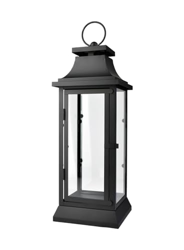 Serene Spaces Living Black Metal Hurricane Lantern with Clear Glass Panels – Hanging or Tabletop Decorative Lantern for Indoor & Outdoor – for Weddings, Parties, Home Decor, 20' Tall & 7.75' Square