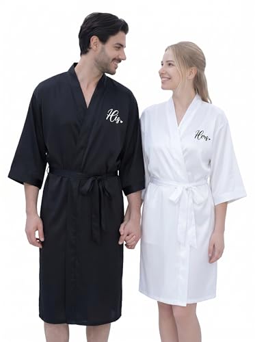 Image of Jecery 2 Pcs Satin His and Hers Robes Set Mr. Mrs. Silk Matching Robe for Couples Women Man Wedding Engagement Bridal Gift