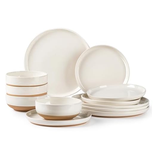 AmorArc Ceramic Dinnerware Sets for 4, 12 Pieces Handpainted Plates and Bowls Set with Rustic Terracotta Underside, Scratch Resistant Stoneware Dishes Set, Dishwasher & Microwave Safe, Light Beige