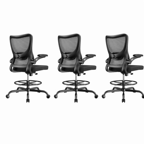 Image of Marsail Drafting Chair, Tall Office Chair with 2D Lumbar Support, Standing Desk Chair with Padded Flip-Up Armrests & Adjustable Footrest Ring, Black,Pack of 3