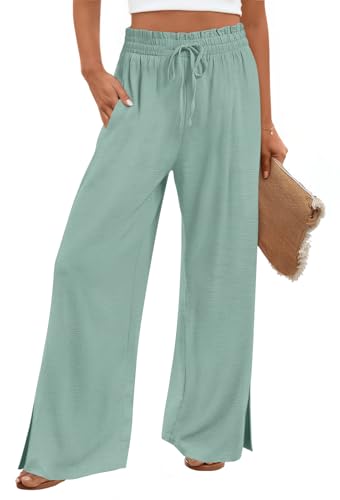 HOTGIFT 2026 Womens Pants Wide Leg High Waisted Adjustable Drawstring Trousers with Pockets Casual Lightweight Mint Green Large