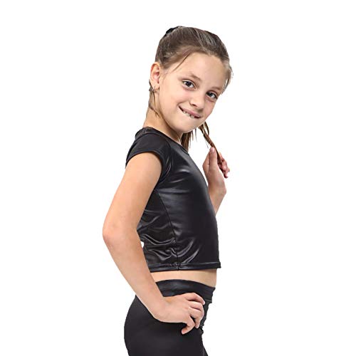 Aelstores Girls Wet Look Outfit Crop Tops Cycling Shorts Skirt Metallic Black Shiny Set 5-14 Years4