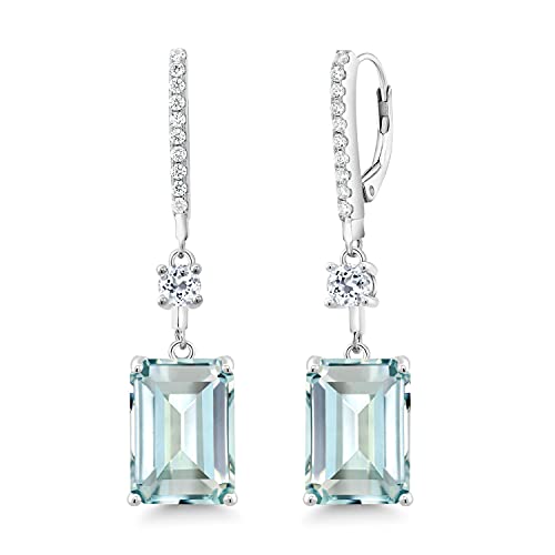 Gem Stone King 925 Sterling Silver Sky Blue Simulated Aquamarine Earrings | Gemstone Birthstone | Drop Dangle Earrings For Women | 14.24 Cttw | Emerald Cut 14X10MM