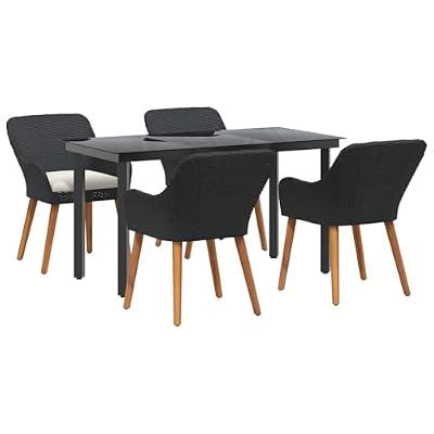 mtlskopl 5-Piece Garden Dining Set with Cushion, Black Poly Rattan Patio Furniture Table and 4 Chairs Combo for Backyard Terrace and Balcony Outside Eating