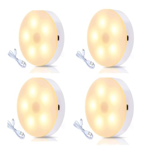 Image of ECOBSY Motion Sensor Light for Home Indoor Outdoor, Rechargeable Adhesive Led Night Light for Kitchen Cabinet Cupboard Stairs Wardrobe, Battery Operated, Automatic On Off (Round - Warm White, 4)