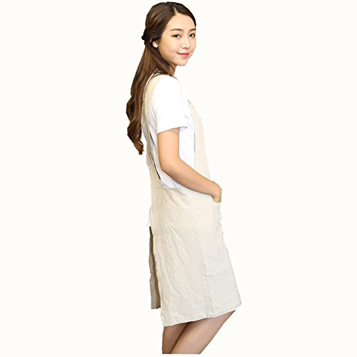 H Shoulder Straps Soft Cotton Linen Apron Solid Color Halter Cross Bandage Aprons Japan Style X Shape Kitchen Cooking Clothes Chef Summer Fit (Beige) #TOP3
