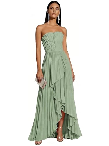 Elegant Strapless Bridesmaid Dresses Sage Green for Women 2026 Hi-Lo Pleated Satin Maxi Formal Party Evening Dress US0