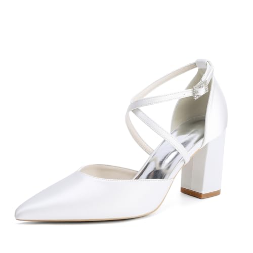 Décolleté Sposa con Tacco Largo in Raso da Donna A Punta con Cinturino Scarpe da Scarpe Festa Matrimonio 272-01X,Bianca,37 EU