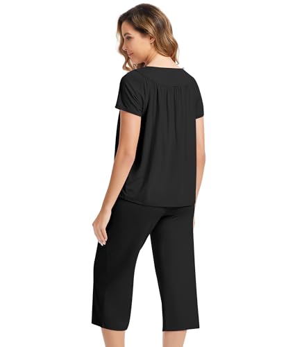Image of NACHILA Pajamas for Women-Viscose Made from Bamboo, Short Sleeve Sleepwear Soft Capri Pants Pajama Set Pleated Loungewear