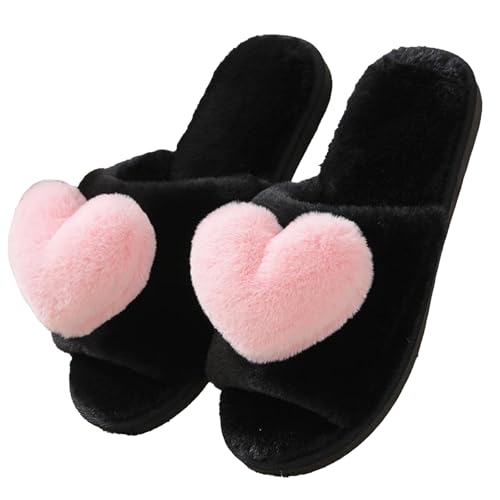 Rteyno Women's Fuzzy Slippers 3D Heart Open Toe Non-slip Soft Sole House Shoes Girl Ladies Indoor Outdoor Shoes