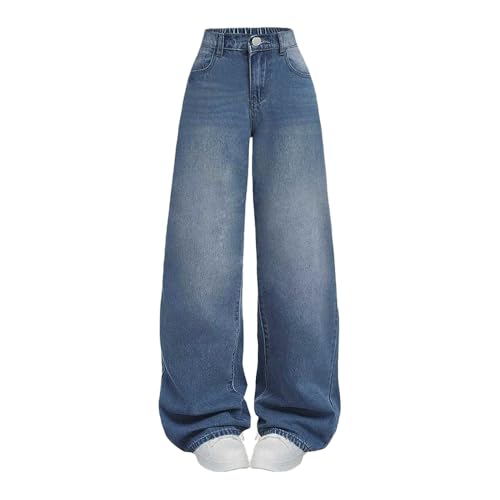 Tween Girls Wide Leg Jeans - Zipper Fly and Pockets, Elastic Waistband Cute Baggy Denim Pants for Girls Clothing
