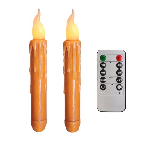 Image of Real Wax LED Flameless Fall Short Taper Candles with Remote, 6.7 Inches Orange Candlesticks, Dripless Battery Operated Flame Rustic Primitive Flameless Lights Fall Decor, Pack of 2