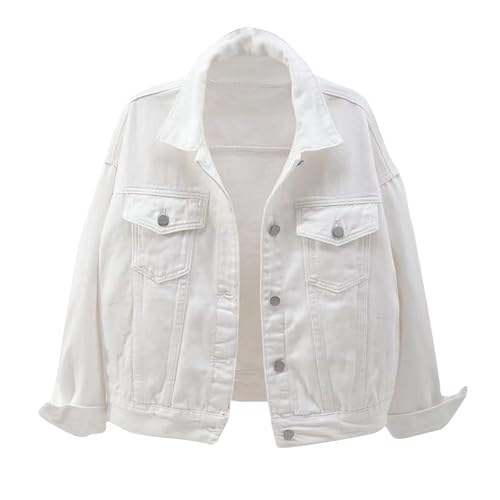 White Denim Jacket Women Plus Size Trendy Long Sleeve Cropped Jean Jacket Lightweight Light Wash Colored Casual Trucker Coat Short Button Down Denim Shirts Jackets with Pocket Streetwear Jeans Jackets