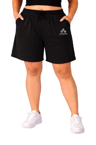 Women Plus Size Solid Black Shorts | Elastic Waist with Drawstring | Soft & Breathable Fabric | Casual Lounge & Gym Wear-image-0