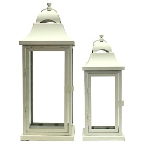 SET 2 TALL Cream Lanterns Metal & Glass Cover